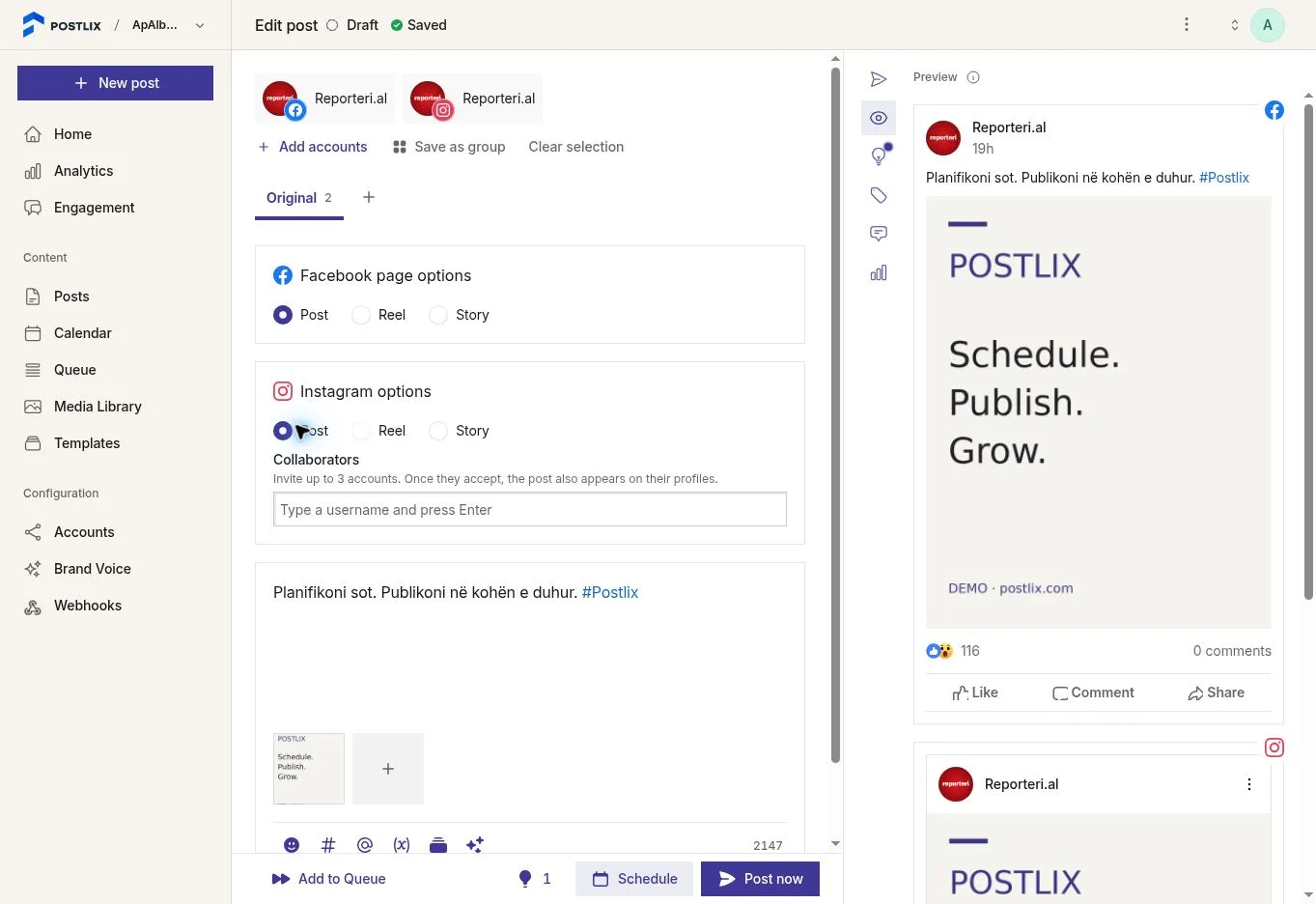 The editor with Facebook and Instagram selected
