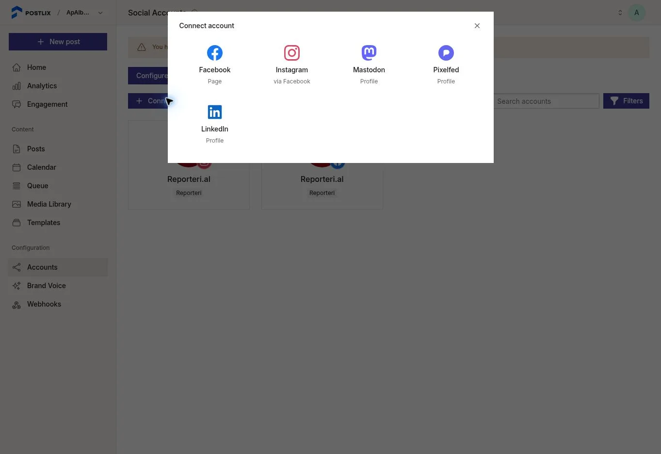 The Postlix connect account dialog